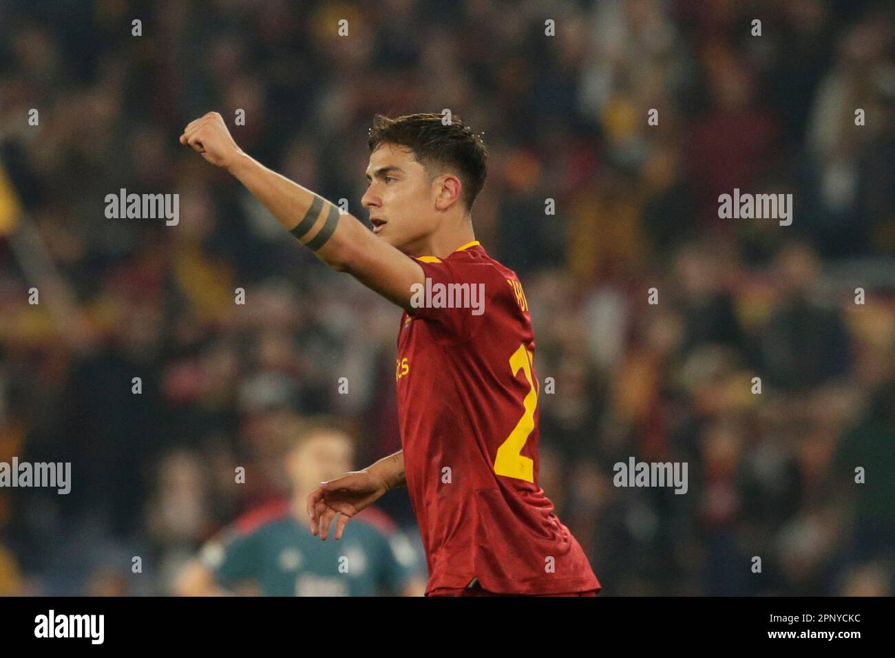 Roma’s Argentine forward Paulo Dybala celebrates after scoring a goal