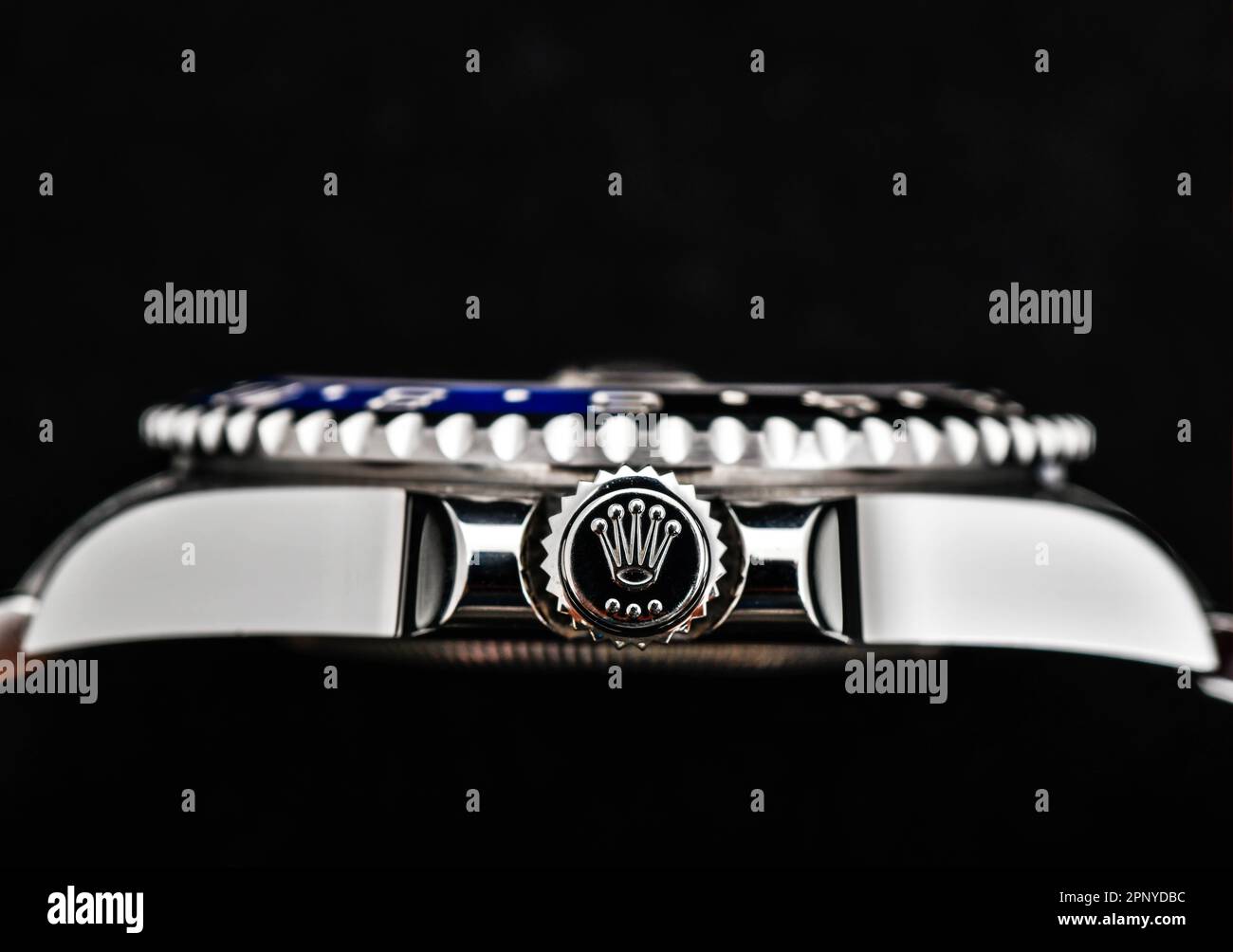 Bangkok Thailand- Feb 20,2022 : Close-up view of the side of a Rolex watch GMT-Master II 'Batman'40mm Steel Ceramic Men's Wrist watch Stock Photo