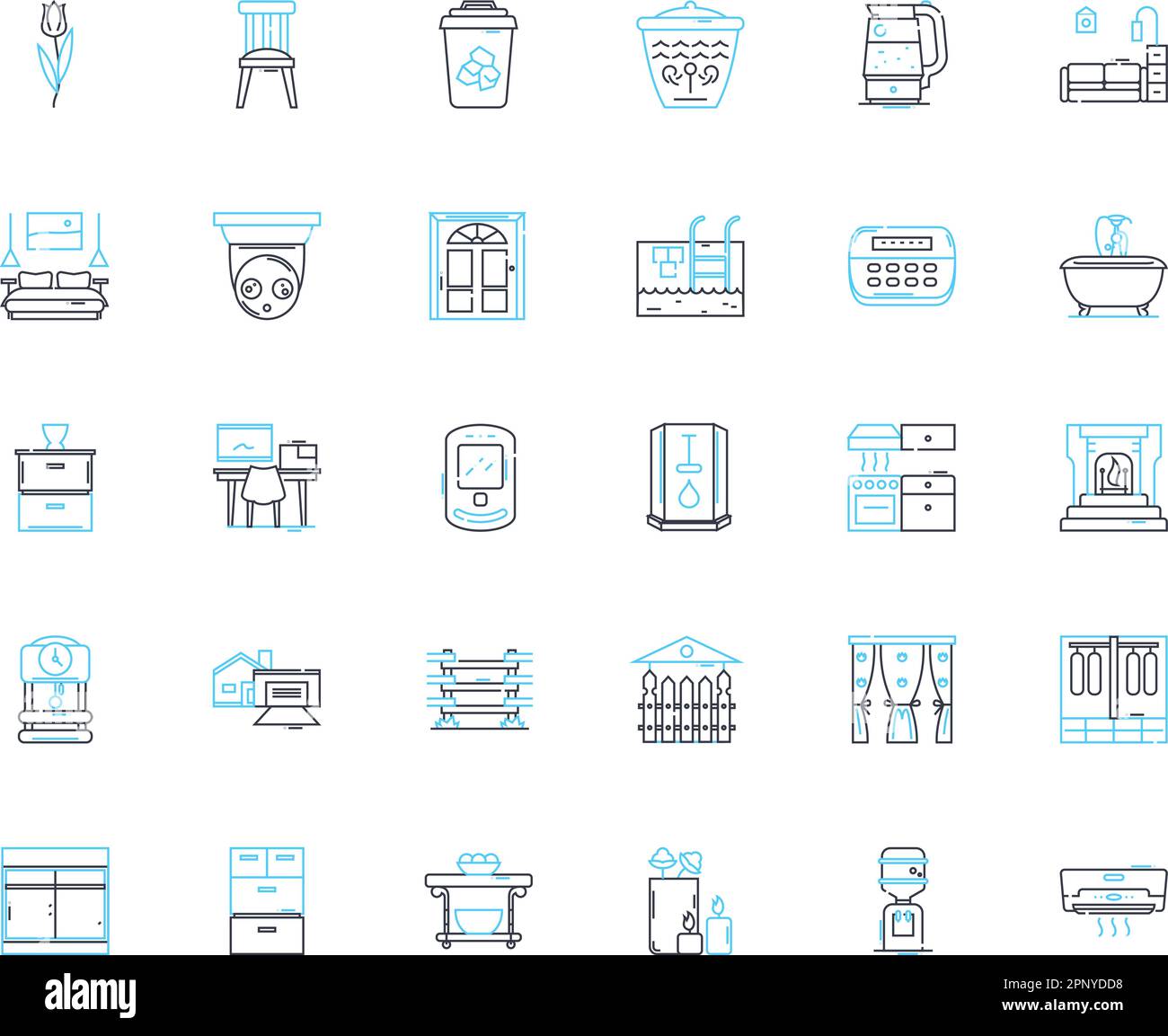 Habitations linear icons set. Homes, Apartments, Villas, Bungalows, Mansions, Cottages, Castles line vector and concept signs. Chalets,Condos Stock Vector