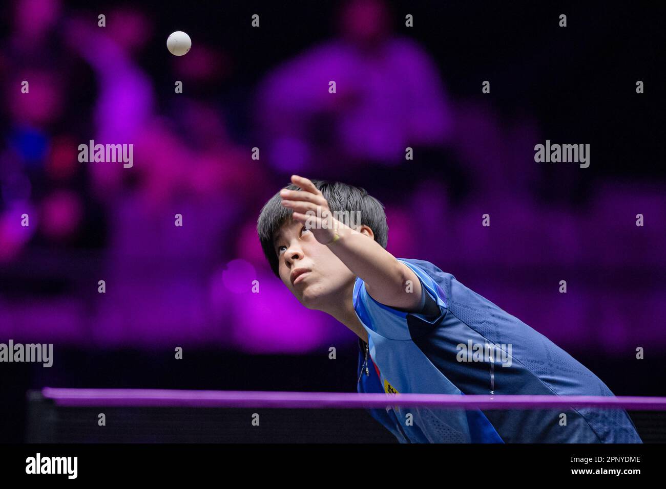 Macao, China. 21st Apr, 2023. Wang Yidi of China serves to Cheng I-Ching of Chinese Taipei during the women's singles quarterfinal match at the WTT Champions Macao 2023 in Macao, south China, April 21, 2023. Credit: Cheong Kam Ka/Xinhua/Alamy Live News Stock Photo
