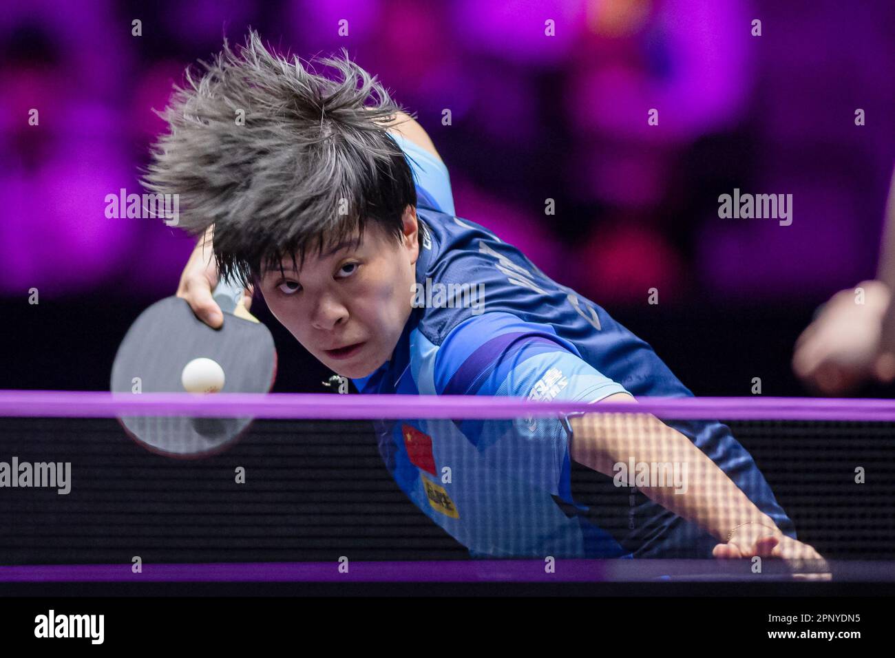 Macao, China. 21st Apr, 2023. Wang Yidi of China serves to Cheng I-Ching of Chinese Taipei during the women's singles quarterfinal match at the WTT Champions Macao 2023 in Macao, south China, April 21, 2023. Credit: Cheong Kam Ka/Xinhua/Alamy Live News Stock Photo