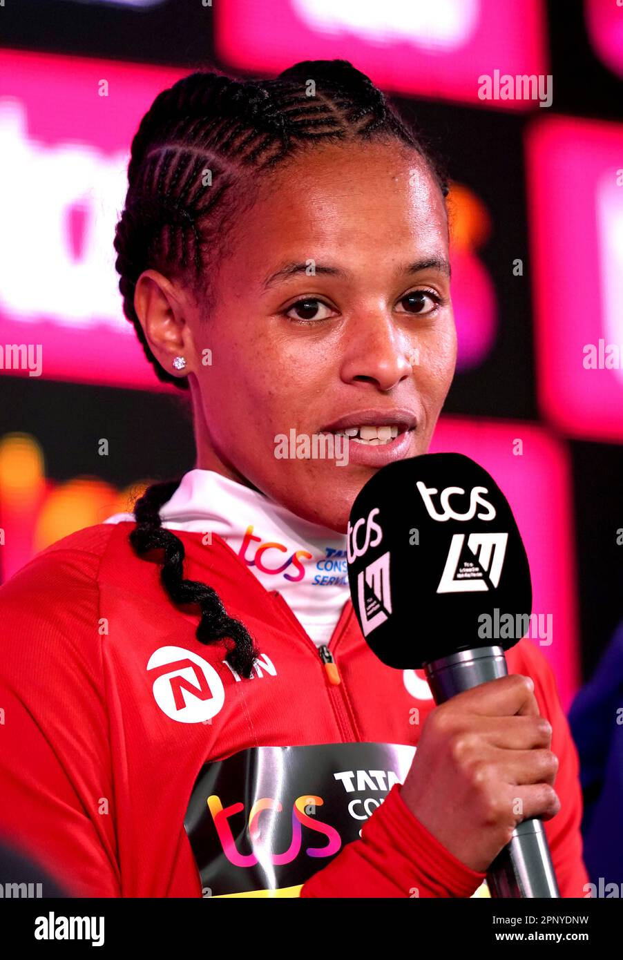 Yalemzerf Yehualaw during a press conference held at the TCS London Marathon media centre ahead