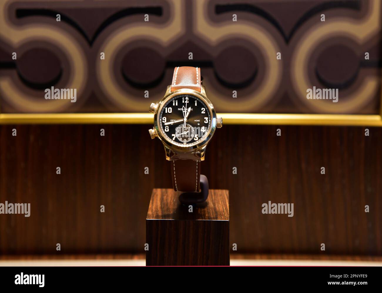 BANGKOK, THAILAND - April 12, 2022 :Patek Philippe 5524 Calatrava Pilot Travel Time, Swiss watch displayed in a store Stock Photo