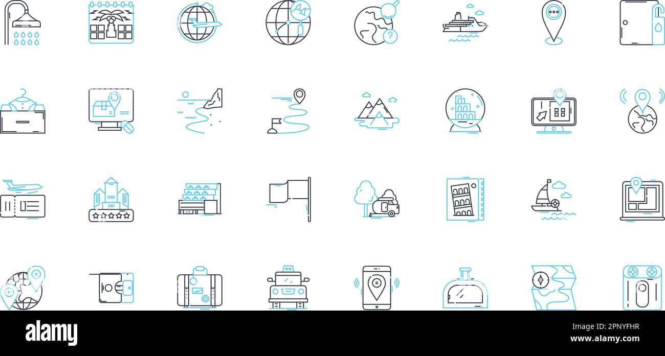 Location markers linear icons set. Geolocation, GPS, Coordinates, Map, Pin, Tag, Navigation line vector and concept signs. Direction,Route,Destination Stock Vector