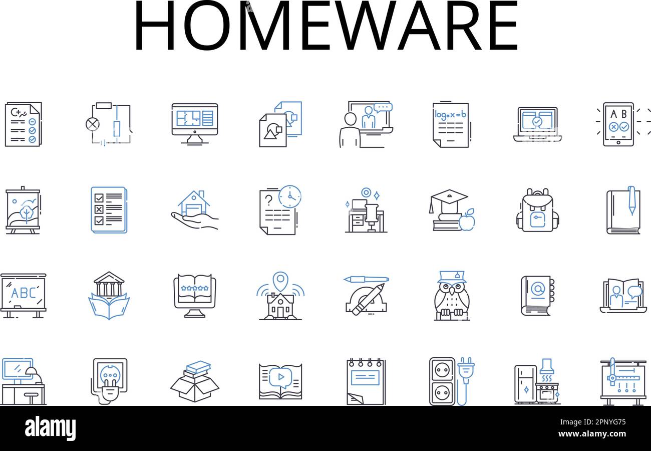 Homeware line icons collection. Cookware, Tableware, Glassware, Flatware, Bedding, Lighting, Furniture vector and linear illustration. Cutlery Stock Vector