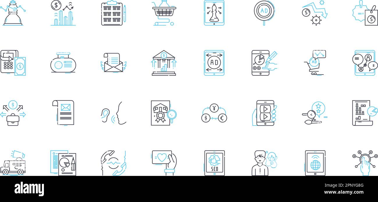 Merchandise trade linear icons set. Import, Export, Trade, Tariff, Customs, Free trade, Balance line vector and concept signs. Surplus,Deficit Stock Vector