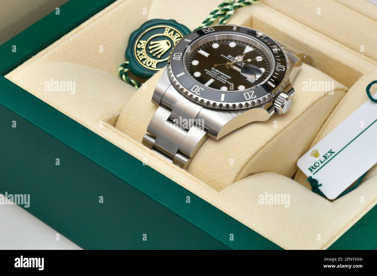 Bangkok Thailand- January 28,2021: Rolex Submariner Date Steel Black on Rolex green box crown logo Stock Photo