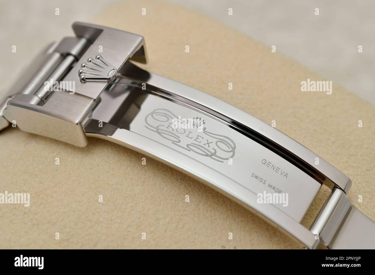 Bangkok Thailand- January 28,2021: Close up strap watch Rolex Submariner Date Steel Black Ceramic Men's Wrist watch Stock Photo