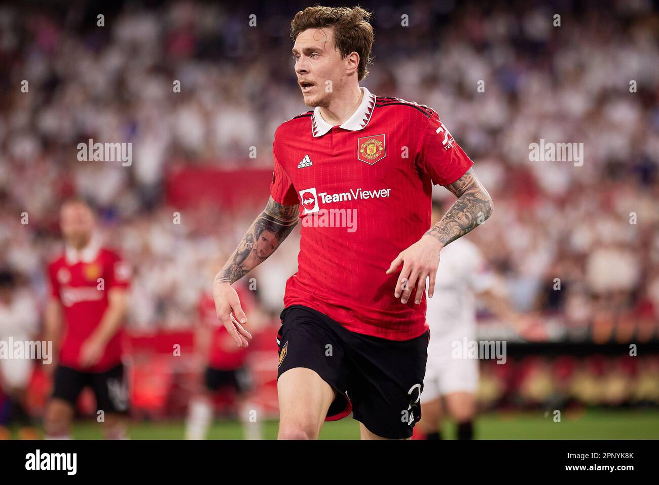 Seville, Spain. 20th Apr, 2023. Victor Lindelof (2) of Manchester United seen during the UEFA Europa League match between Sevilla FC and Manchester United at Estadio Ramon Sanchez Pizjuan in Seville. (Photo Credit: Gonzales Photo/Alamy Live News Stock Photo