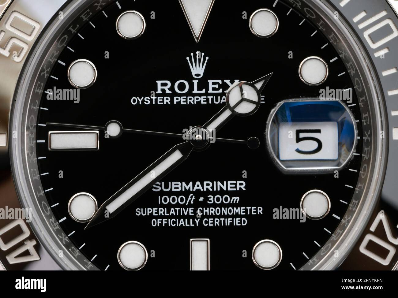 Bangkok Thailand- January 28,2021:Close up Rolex Submariner Date Steel Black Ceramic Men's Wrist watch Stock Photo
