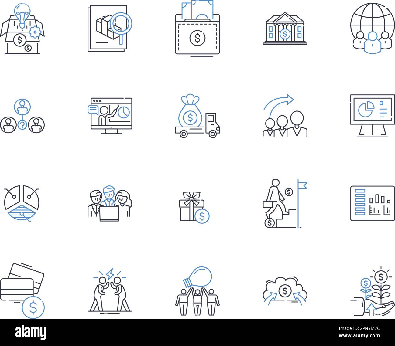 Finance plan line icons collection. Budgeting, Savings, Investments, Retirement, Debt, Credit, Planning vector and linear illustration. Goals,Expenses Stock Vector