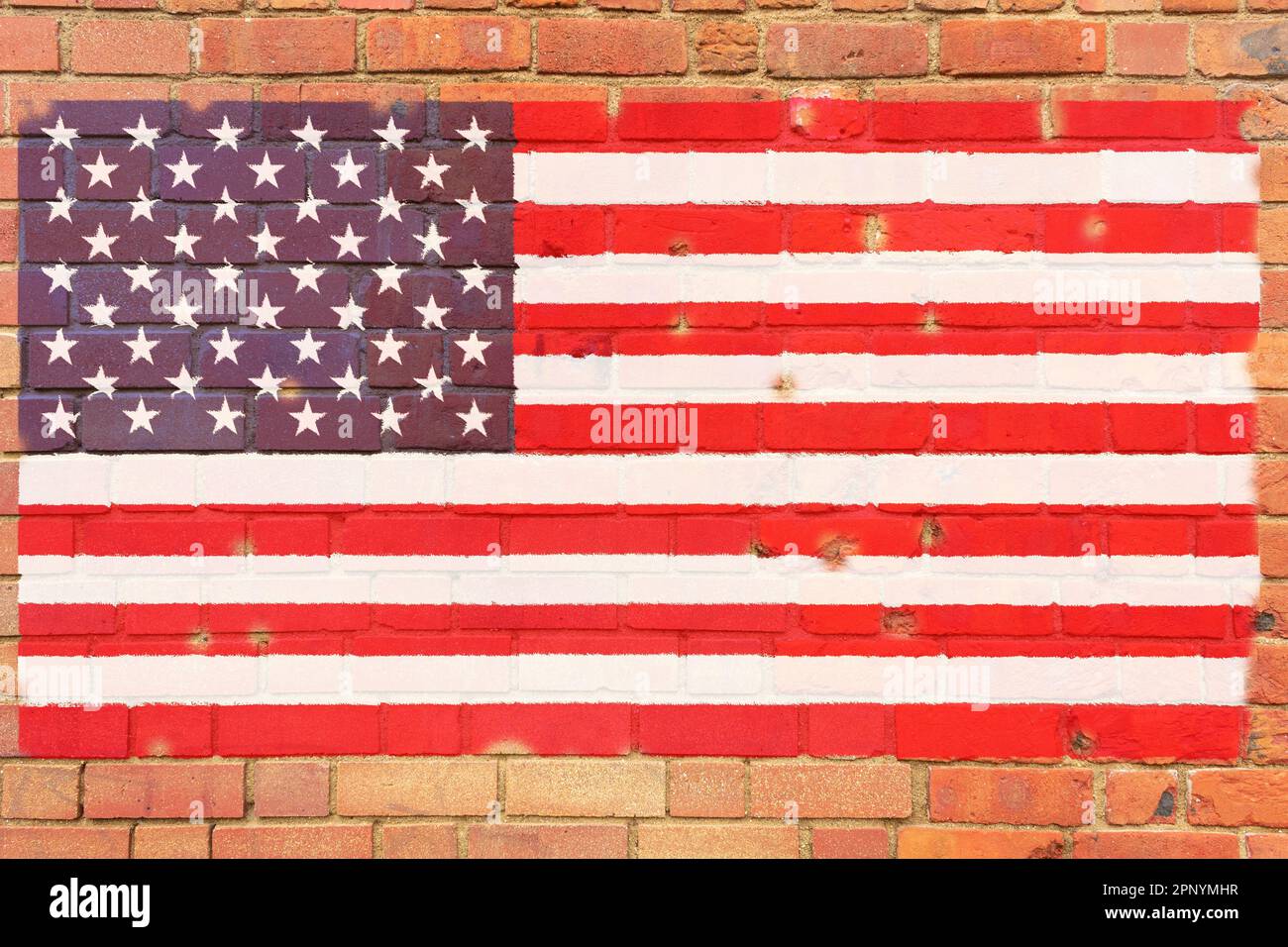 The American flag is painted on a brick wall. Flag on an old stone wall ...