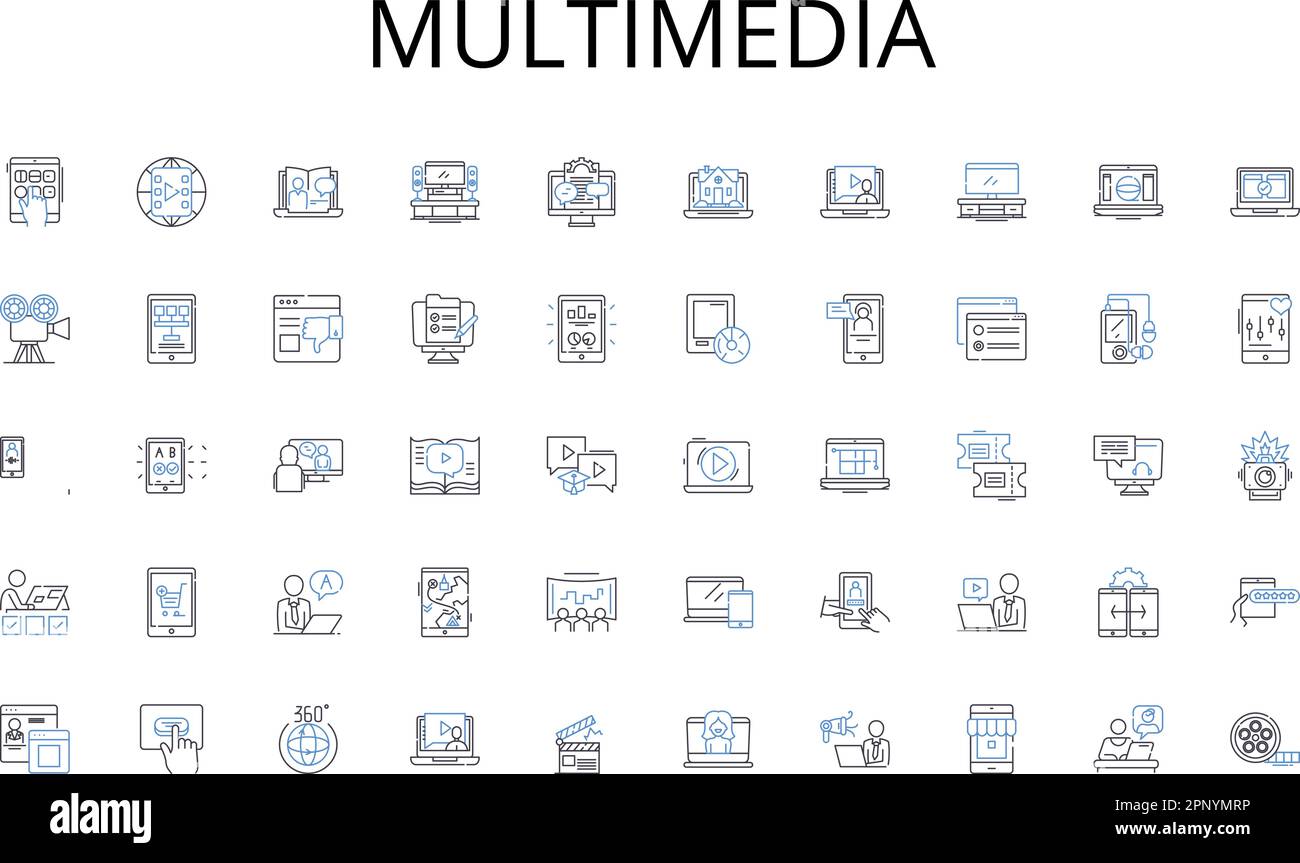 Multimedia line icons collection. Nerk, Conversations, Collaborations, Connections, Technology, Relationships, Interactions vector and linear Stock Vector