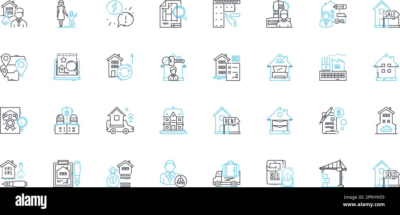 Land linear icons set. Terrain, Soil, Earth, Ground, Landscape, Property, Acreage line vector and concept signs. Homestead,Farmland,Meadow outline Stock Vector