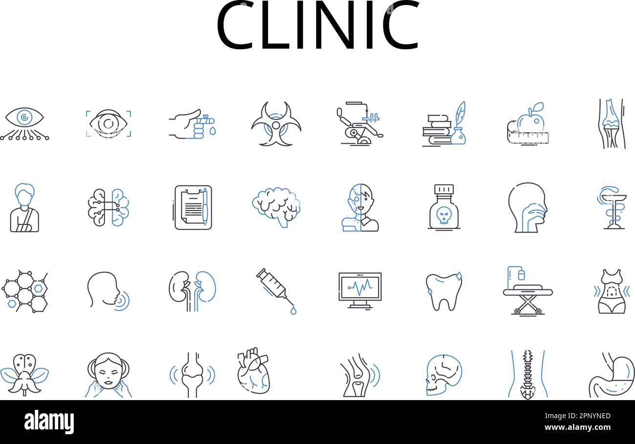 Clinic line icons collection. Hospital, Medical center, Infirmary, Health facility, Doctor's office, Health center, Care center vector and linear Stock Vector
