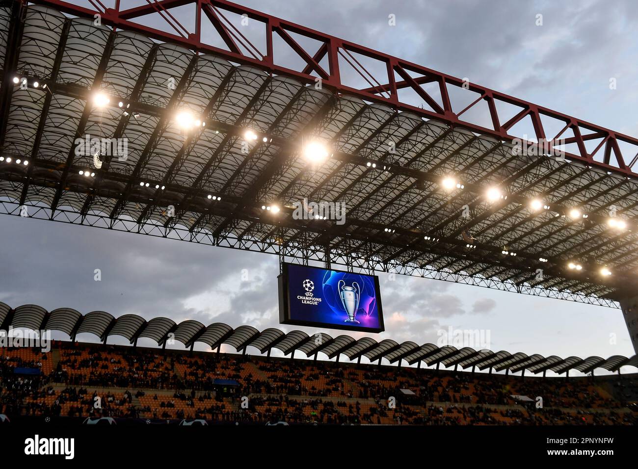 The champions league logo and trophy are displayed on the scoreboard during the Champions League football match between FC Internazionale and SL Benfi Stock Photo