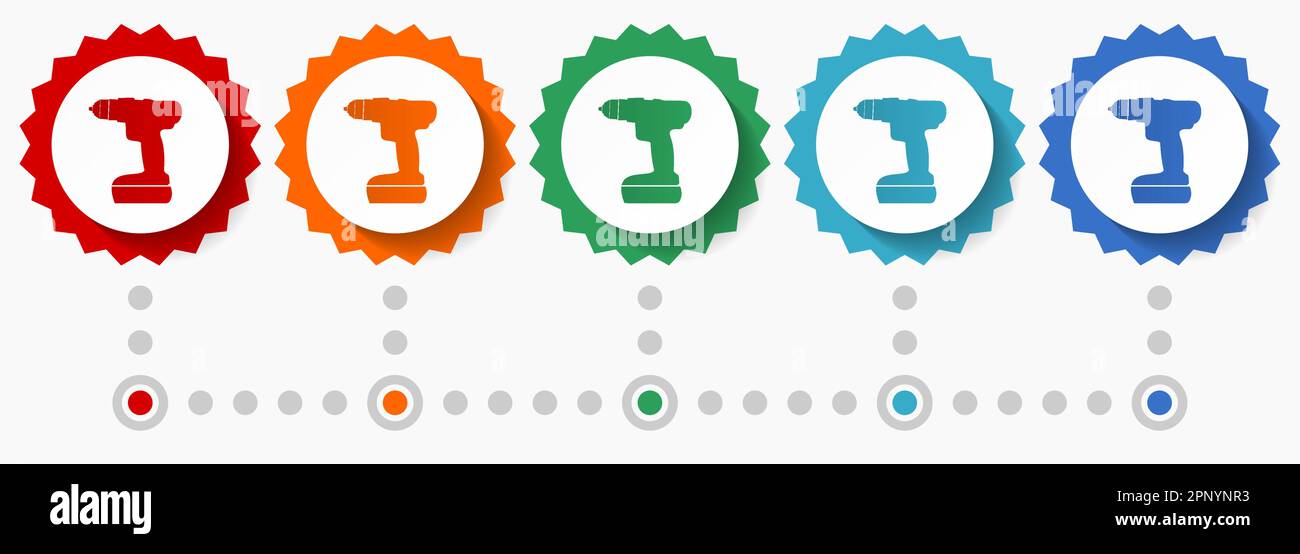 Cordless screwdriver, drill vector icon set, colorful infographic template, set of flat design badge icons in 5 color options Stock Vector