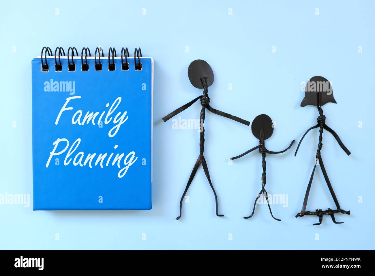 Family planning and birth control concept. Family stick figures beside