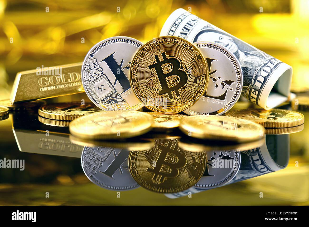 Physical version of Bitcoin and Litecoin (new virtual money) and banknotes  of one dollar. Exchange bitcoin for a dollar. Conceptual image for worldwid  Stock Photo - Alamy