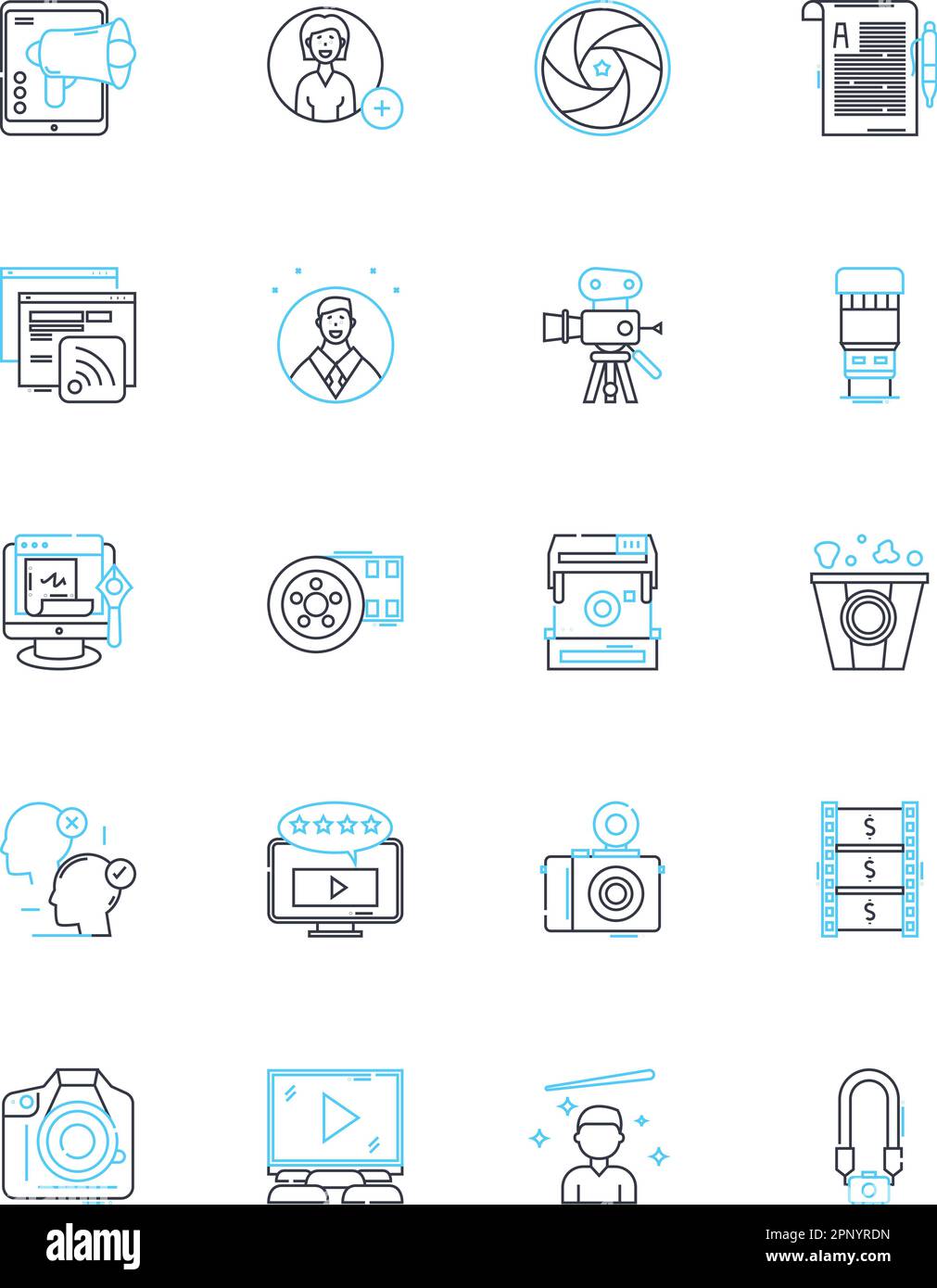 Film linear icons set. Cinema, Director, Comedy, Drama, Action, Romance ...