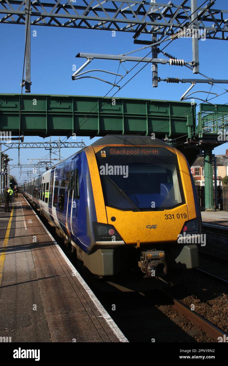 Northern Trains Civity class 331 electric multiple unit 331019 at Layton railway station on 21st April 2023 with express passenger service.. Stock Photo