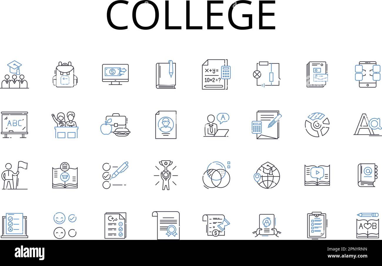College line icons collection. University, Institute, Academy, School, Campus, Learning institution, Educational facility vector and linear Stock Vector