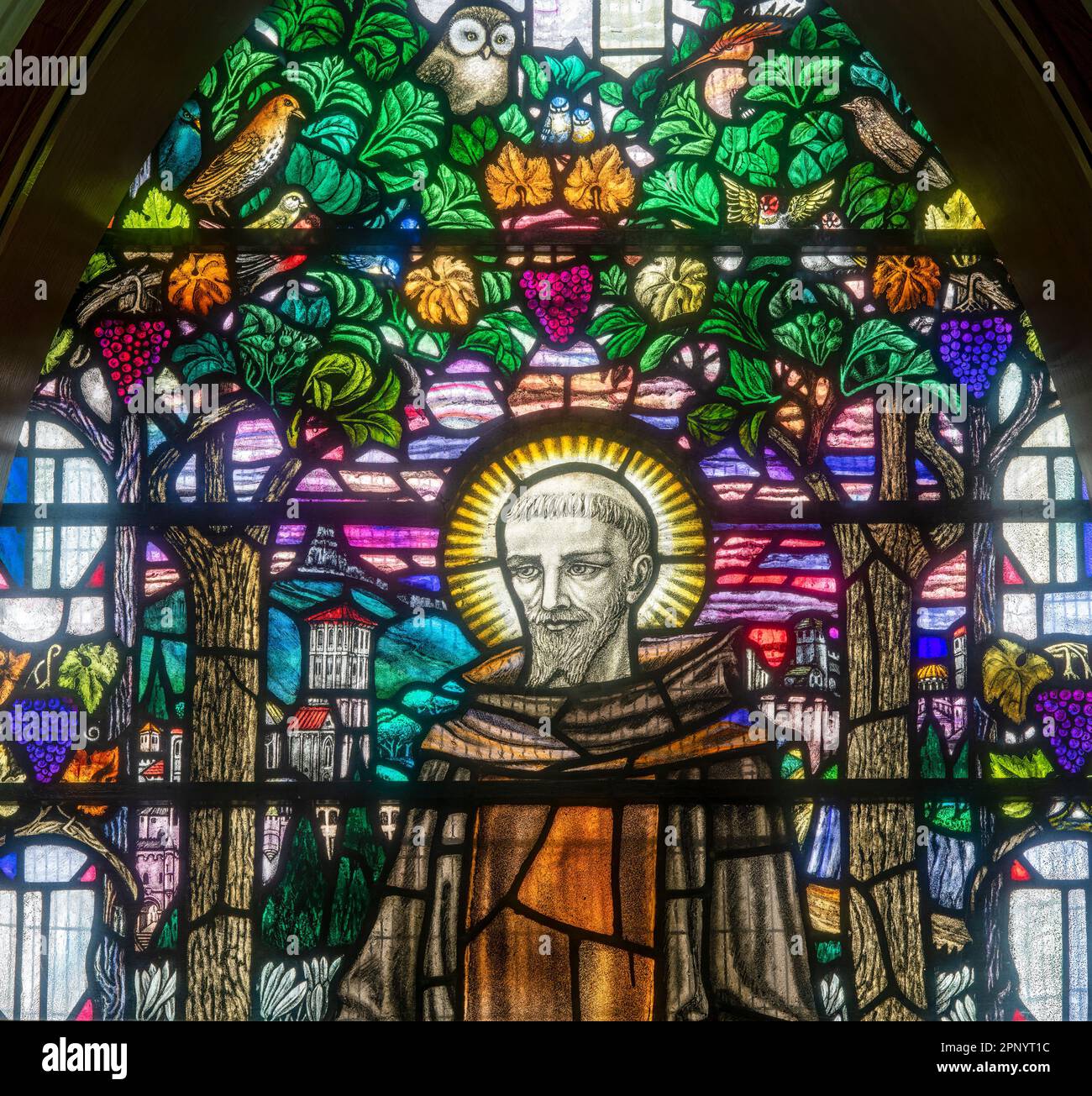 Saint Francis of Assisi, by Veronica Whall (1926), Whalley Methodist Church, Whalley, Lancashire, UK Stock Photo