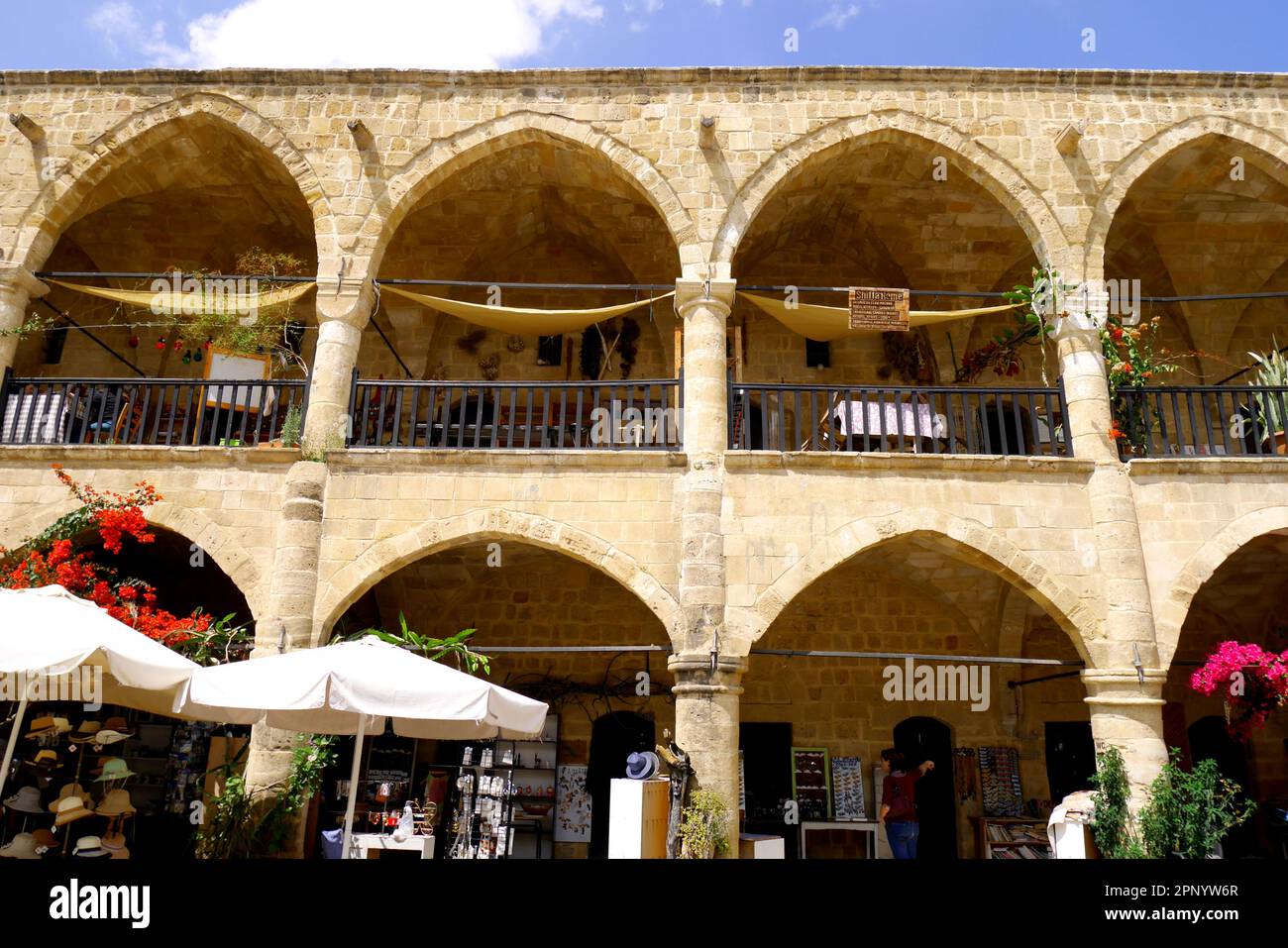 Colonnades of the Buyuk Han, Great Inn, Megalo Pandocheio, the largest caravanserai, in Cyprus, North Nicosia, Cyprus Stock Photo