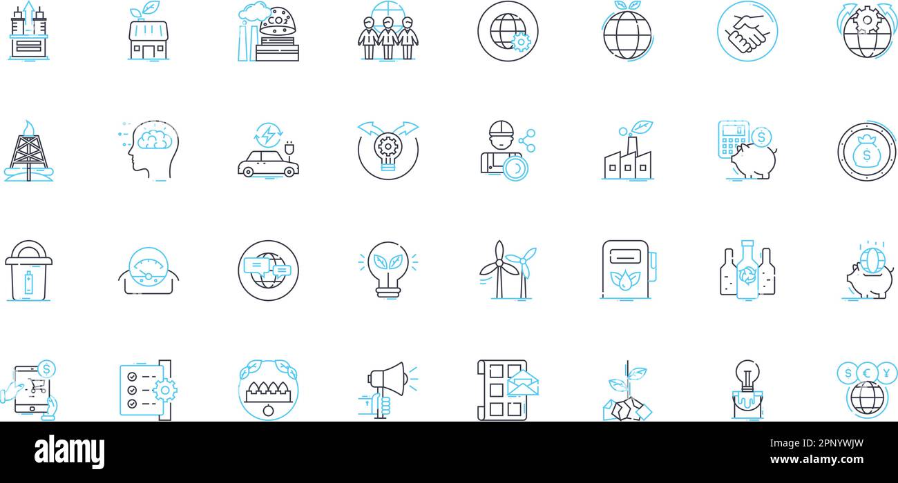 World commerce linear icons set. Globalization, Imports, Exports, Trade, Tariffs, Supply chain, Free trade line vector and concept signs. Logistics,E Stock Vector