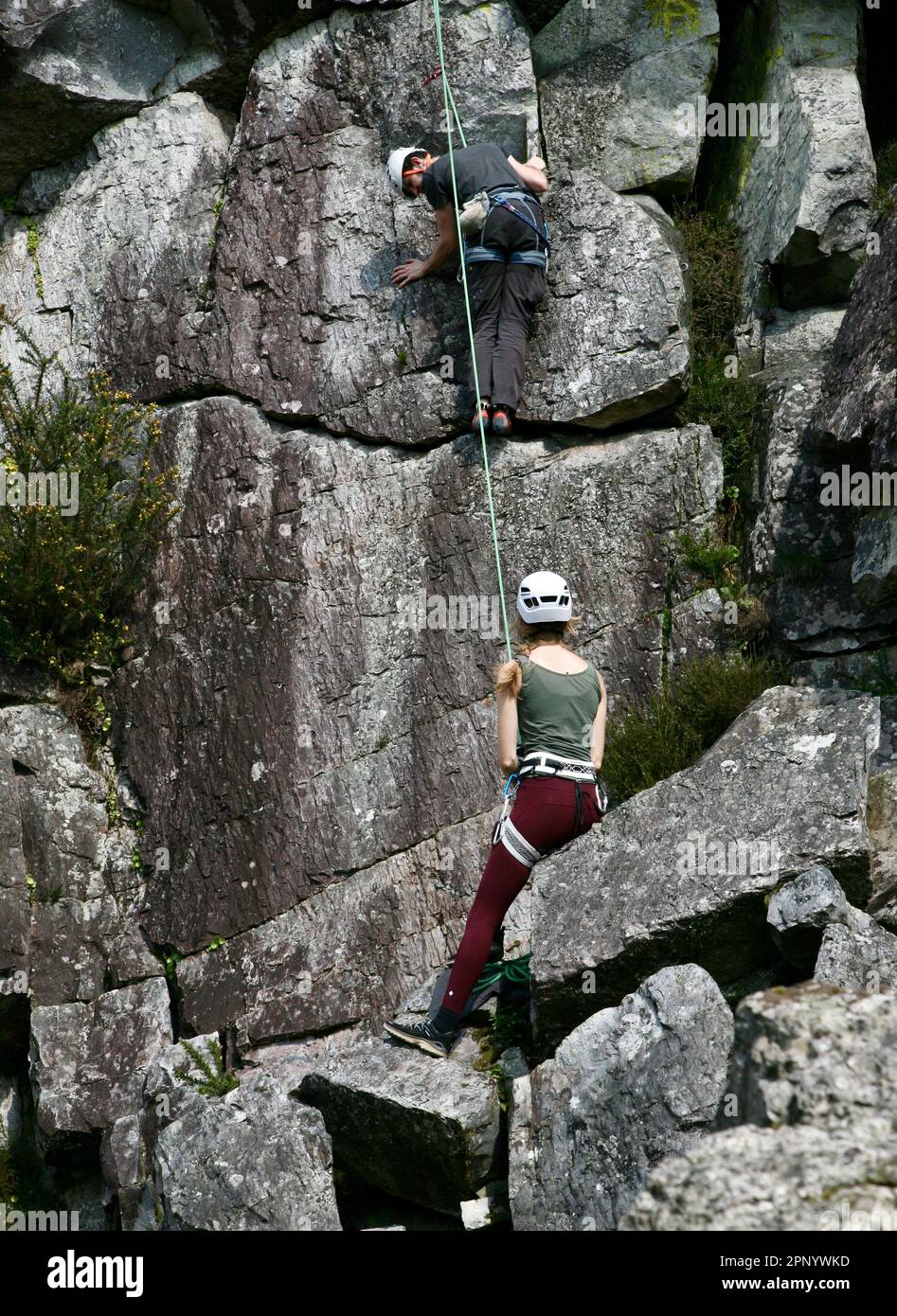 The rock climbers at Fosse Arthour, Normandy, France, Europe Stock Photo