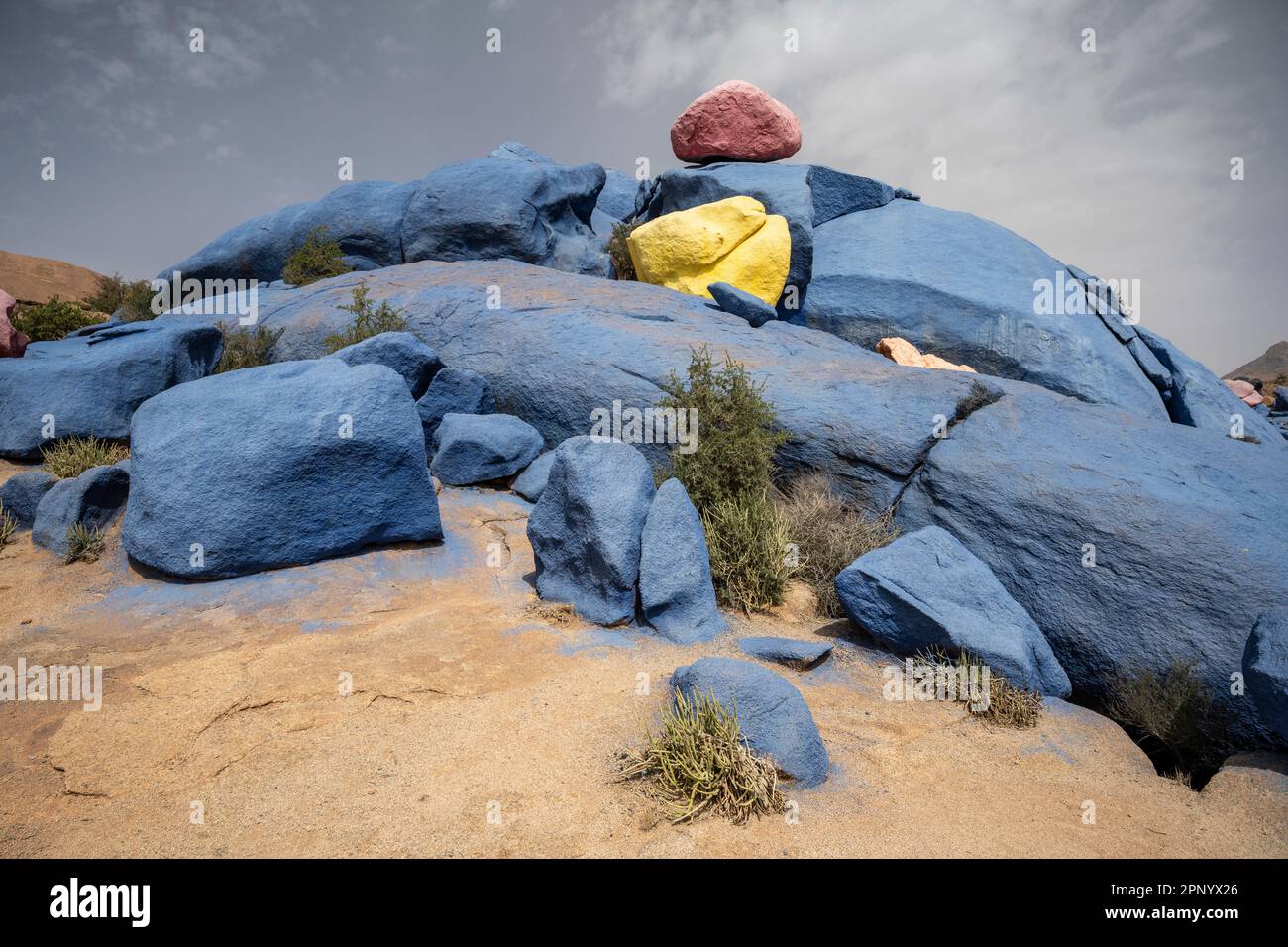 Painted rocks in the desert near Tafraoute. Stock Photo