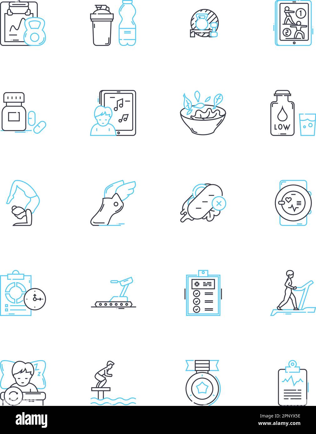 Swim laps linear icons set. Endurance, Stroke, Pool, Fitness, Exercise, Cardio, Routine line vector and concept signs. Technique,Timing,Repetition Stock Vector