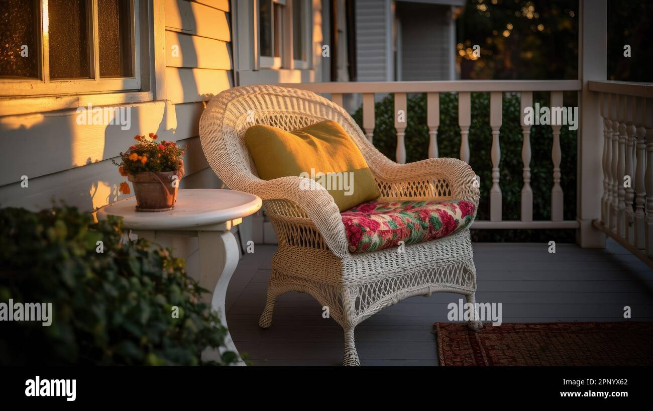 An AI generated illustration of a cozy patio chair with a blanket in a cottagestyle house Stock
