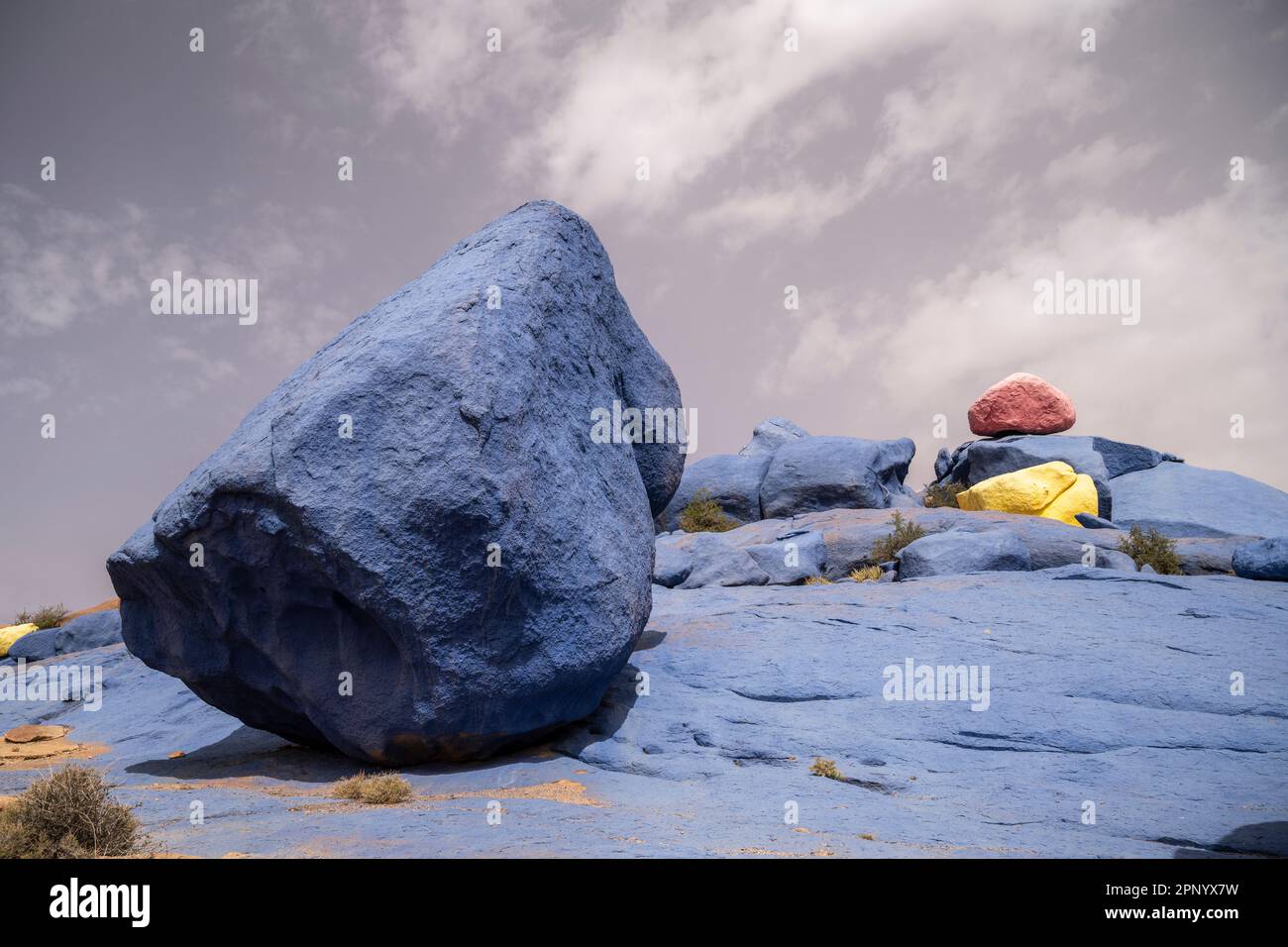 Painted rocks in the desert near Tafraoute. Stock Photo