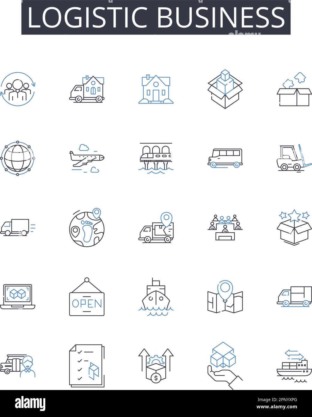 Logistic business line icons collection. Supply chain management, Distribution system, Transportation services, Fleet management, Warehousing Stock Vector