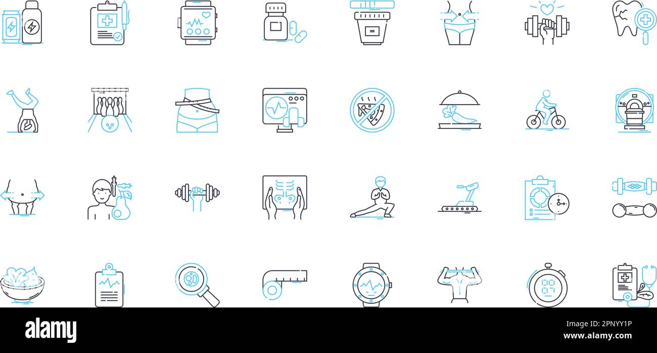 Physical wellness linear icons set. Exercise, Nutrition, Strength, Balance, Flexibility