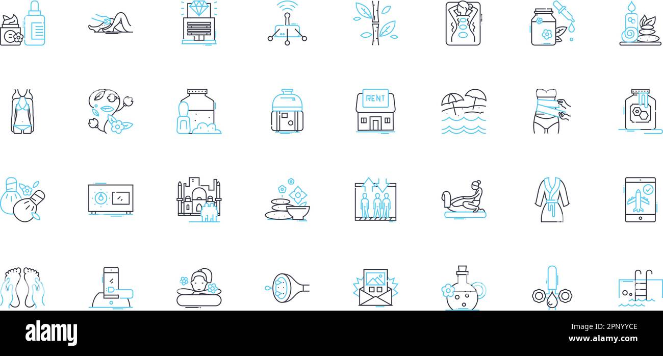 massage therapy linear icons set. Relaxation, Tension, Knots, Pressure, Stress, Sleeptime, Circulation line vector and concept signs. Wellness Stock Vector