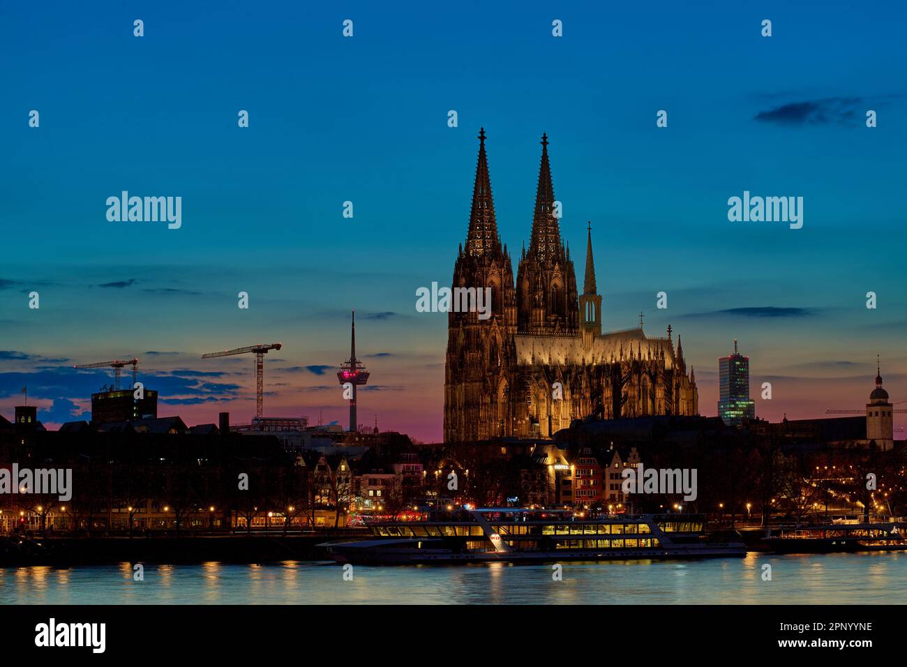 Sunset time. Cologne Dom and Rheine in Germany. Skyline of Cologne with