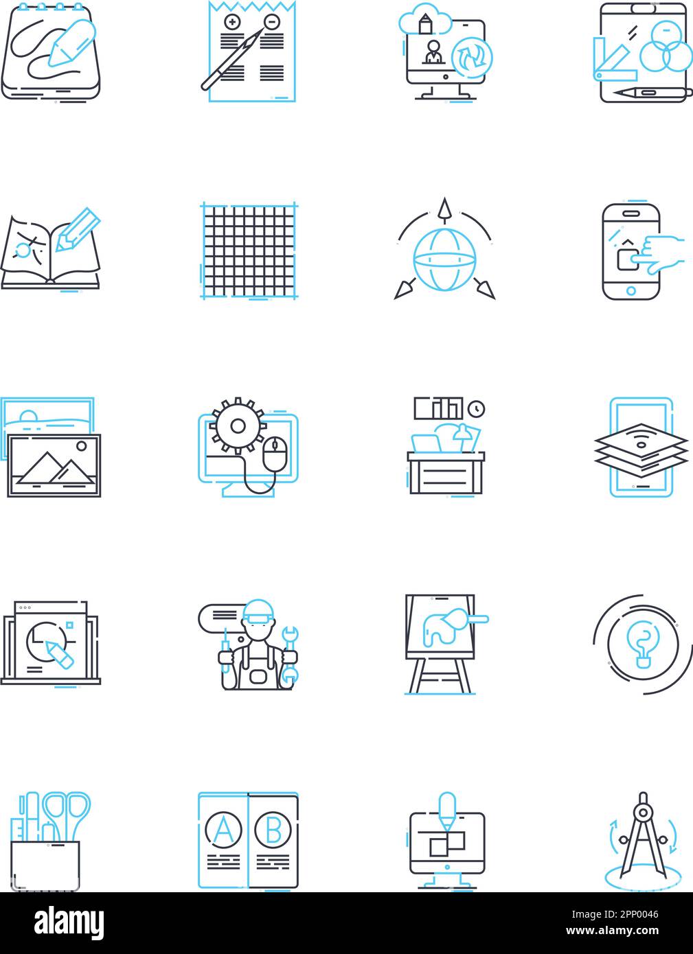 Strategic planning linear icons set. Vision, Goals, SWOT, Tactics ...