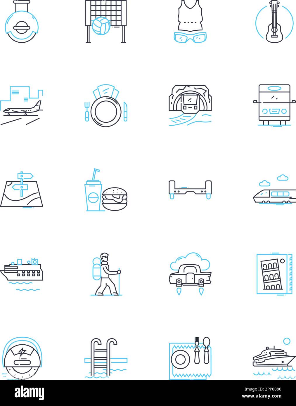 Journey linear icons set. Exploration, Odyssey, Adventure, Pilgrimage ...