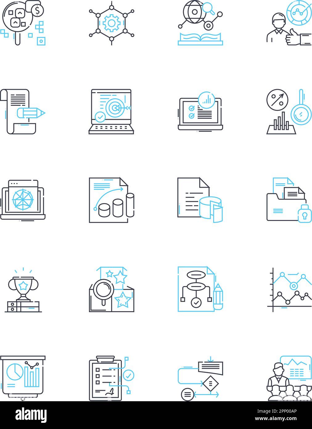 Market research linear icons set. Analysis, Demographics, Data, Insights, Strategy, Surveys, Focus groups line vector and concept signs. Sampling Stock Vector
