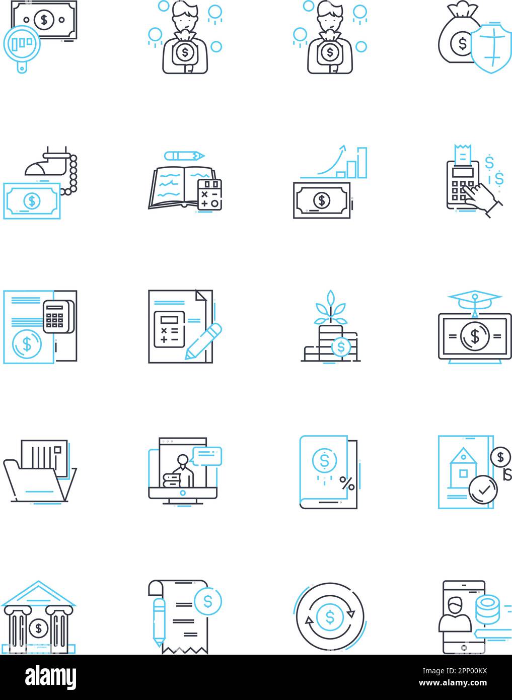 Budgeting strategy linear icons set. Allocation, Frugal, Planning, Analysis, Limits, Saving, Forecasting line vector and concept signs. Prioritization Stock Vector