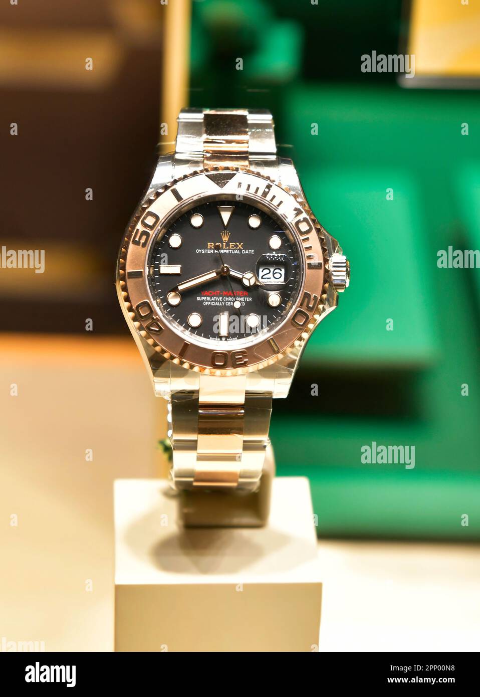 BANGKOK, THAILAND - April 26, 2022 :Rolex Yacht-Master 40mm Oystersteel and Everose gold Swiss watch displayed in a store Stock Photo