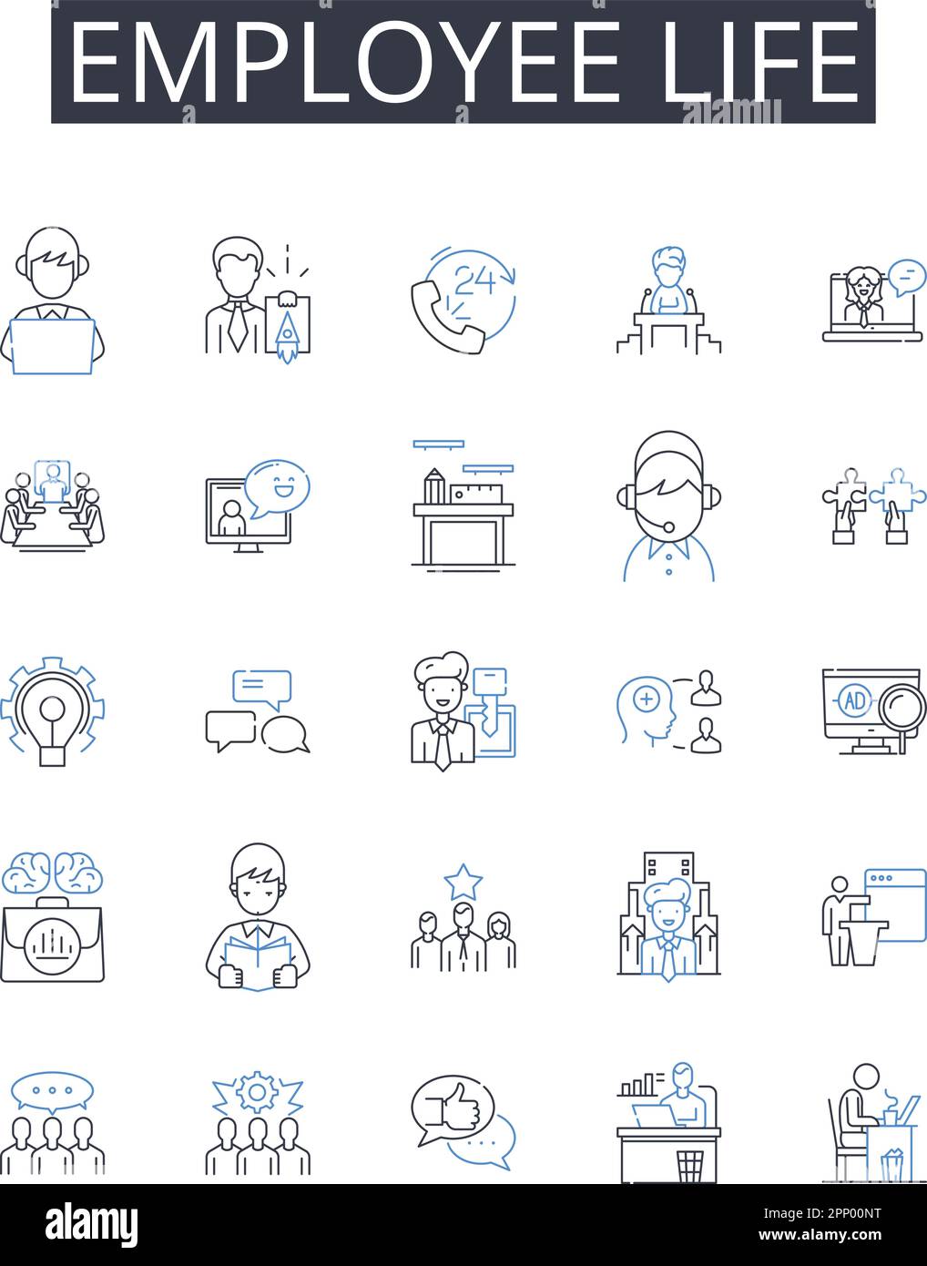 Employee life line icons collection. Job security, Workspace wellness, Career milests, Work culture, Staff relations, Labor conditions, Human capital Stock Vector