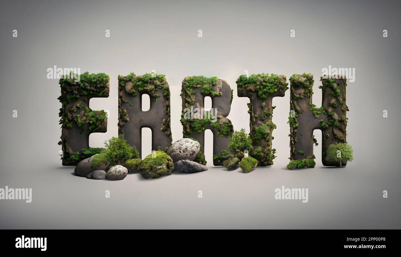 A 3D renderinf of mosscovered letters spelling out "earth", Earth Text poster, the environment