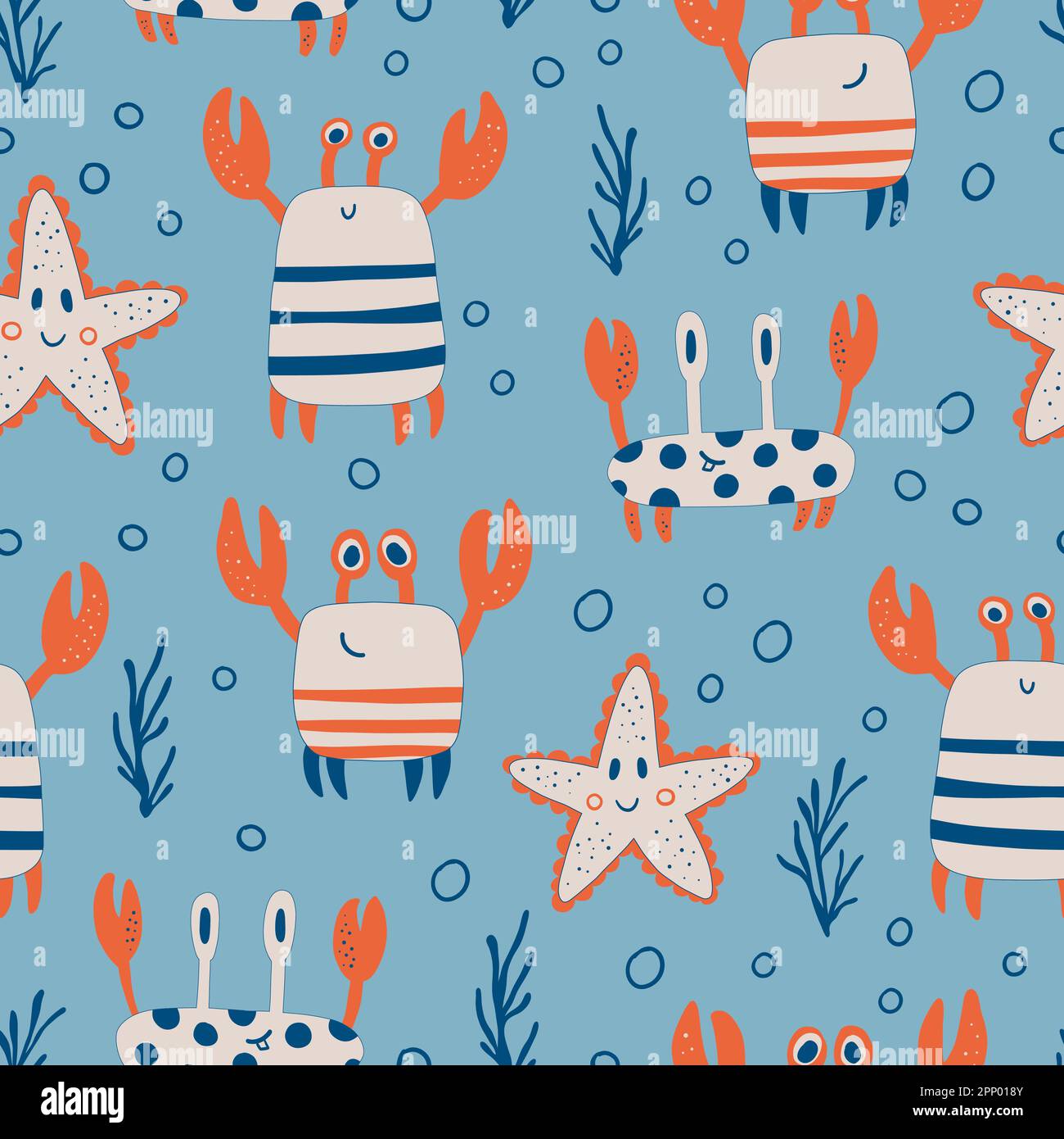 Colorful seamless pattern with funny starfish, crabs and algae ...