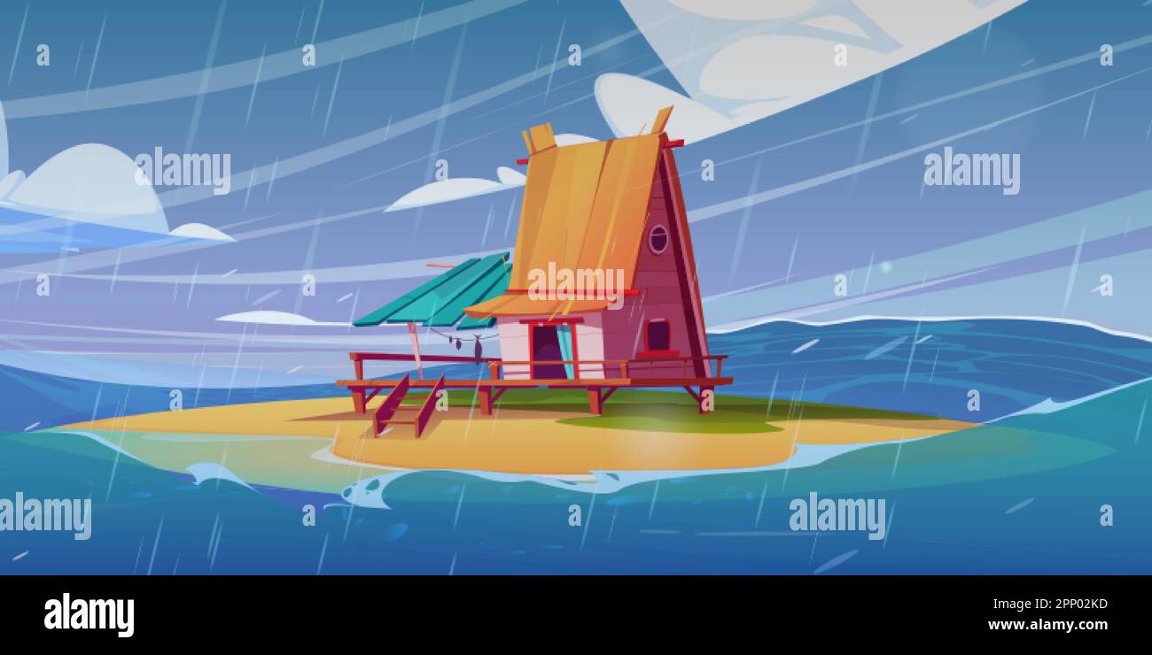 Fisherman house on island beach in sea storm vector background. Fishing ...