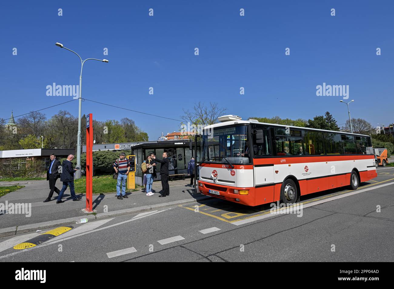 The Prague Public Transit Company has introduced a new historic bus line marked with the letter K running along the route of the original trolleybus line of the same name, which ran from August 1936 to 1959 between Stresovice and Svaty Matej in Dejvice. Karosa B951 bus with registration number 4999 from 2004 is pictured in Prague, Czech Republic, April 21, 2023. (CTK Photo/Vit Simanek) Stock Photo
