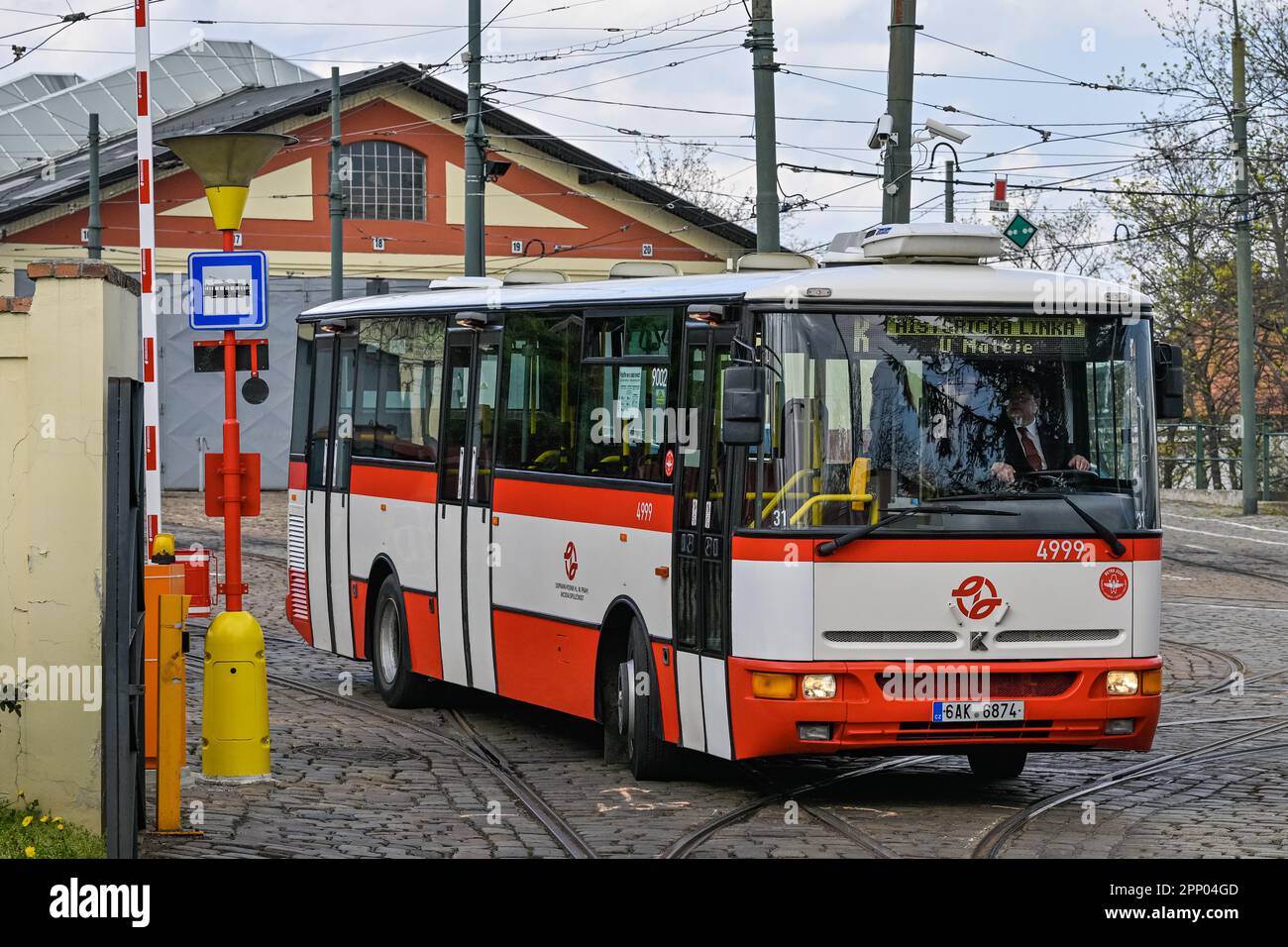 The Prague Public Transit Company has introduced a new historic bus line marked with the letter K running along the route of the original trolleybus line of the same name, which ran from August 1936 to 1959 between Stresovice and Svaty Matej in Dejvice. Karosa B951 bus with registration number 4999 from 2004 is pictured in Prague, Czech Republic, April 21, 2023. (CTK Photo/Vit Simanek) Stock Photo