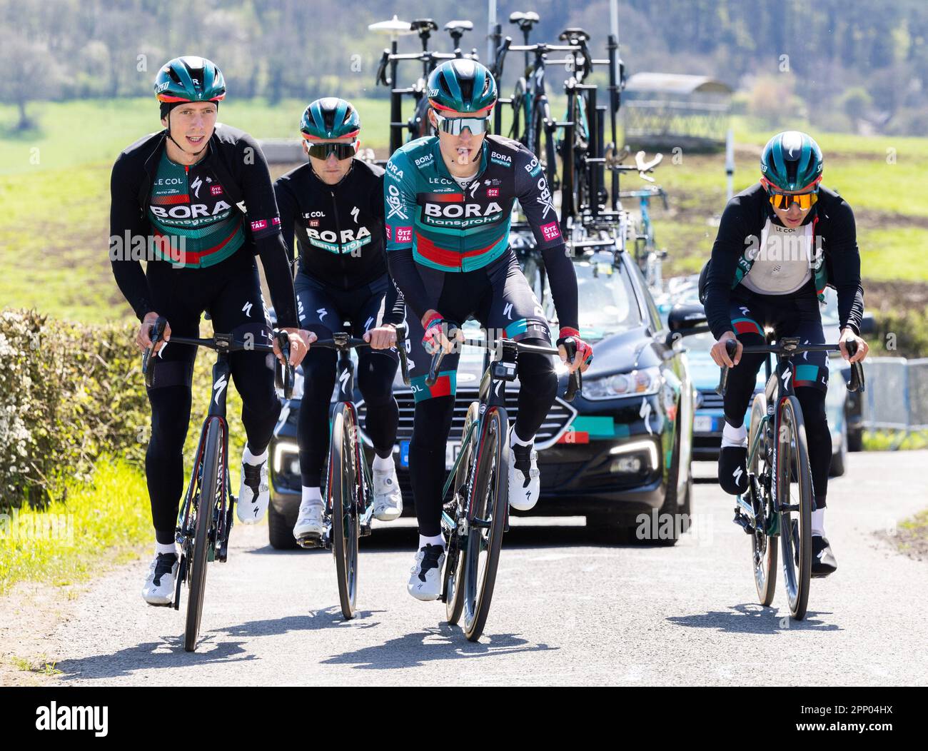 Remouchamps, Belgium. 21st Apr, 2023. Bora Team riders pictured in ...